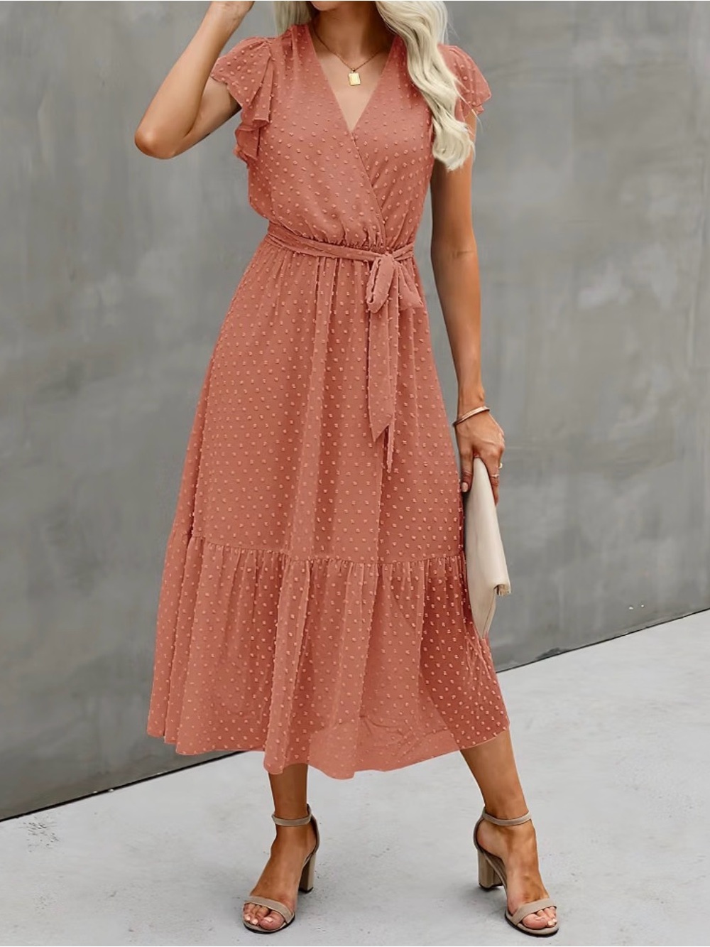 Chunky Swiss Dot Rust Maxi Wrap Dress with Tie Waist - Picture 5 of 5